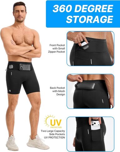 Men's Running Shorts with 6 Pockets, Non-Slip Waistband Compression Shorts, Secure Phone & Bottle Biker Workout in Saudi Arabia