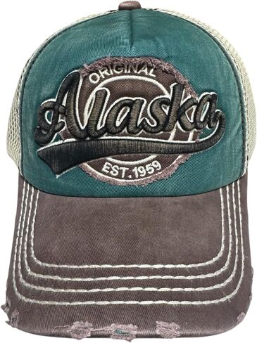 Robin Ruth Quality Ball Cap Hat Alaska Design Soft Distressed Bill Mesh Chocolate Brown and Green in Saudi Arabia