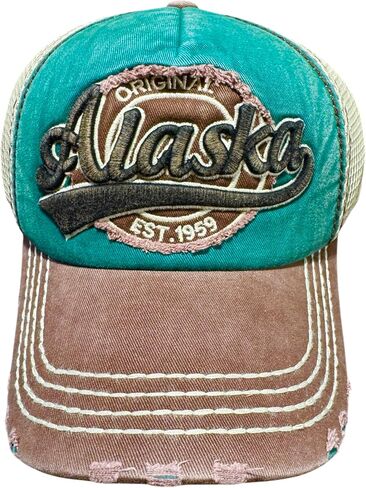Robin Ruth Quality Ball Cap Hat Alaska Design Soft Distressed Bill Mesh Chocolate Brown and Green in Saudi Arabia