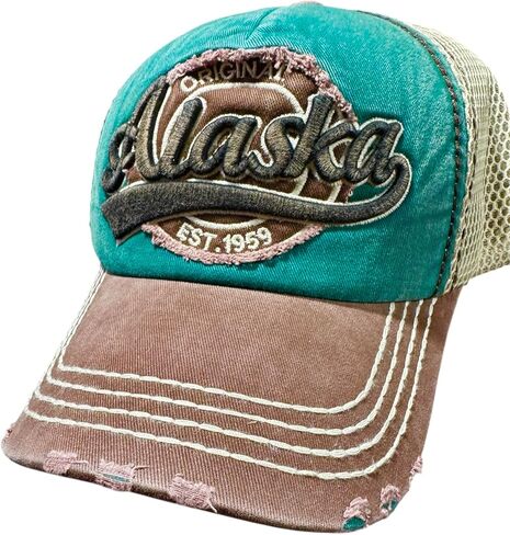 Robin Ruth Quality Ball Cap Hat Alaska Design Soft Distressed Bill Mesh Chocolate Brown and Green in Saudi Arabia