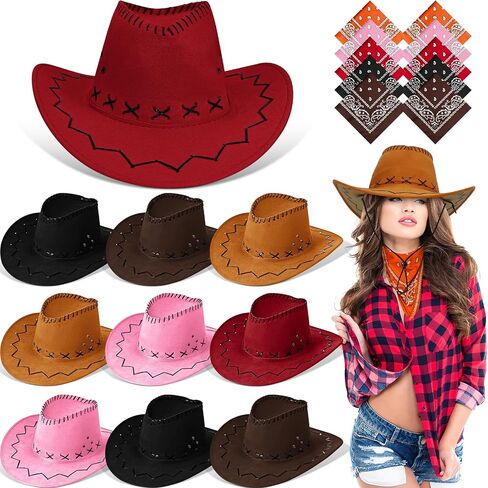 10 Pack Cowboy Hats with Bandanas Bulk - Multicolor Western Cowboy Hats for Women Men, Rodeo Theme Costume Accessories in Saudi Arabia