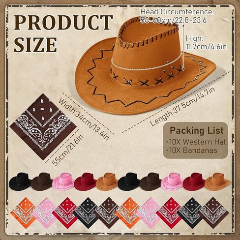 10 Pack Cowboy Hats with Bandanas Bulk - Multicolor Western Cowboy Hats for Women Men, Rodeo Theme Costume Accessories in Saudi Arabia