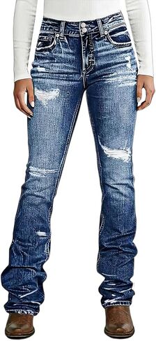 Flamingals Bootcut Jeans for Women Trendy Mid Rise Dual Button Wash Ripped Stretchy Western Denim Jeans in Kuwait