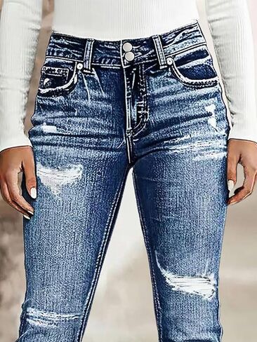 Flamingals Bootcut Jeans for Women Trendy Mid Rise Dual Button Wash Ripped Stretchy Western Denim Jeans in Kuwait