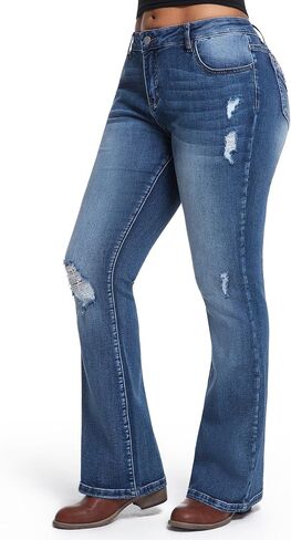 Women's Mid Rise Bootcut Jeans, Stretch Denim Pants, Ripped Distressed Jeans for Women Casual Daily Wear in Saudi Arabia