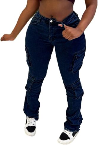 Womens Cargo Jeans Boyfriend Low Rise Trousers Flared Street Cargo Utility Streetwear Pants in Saudi Arabia