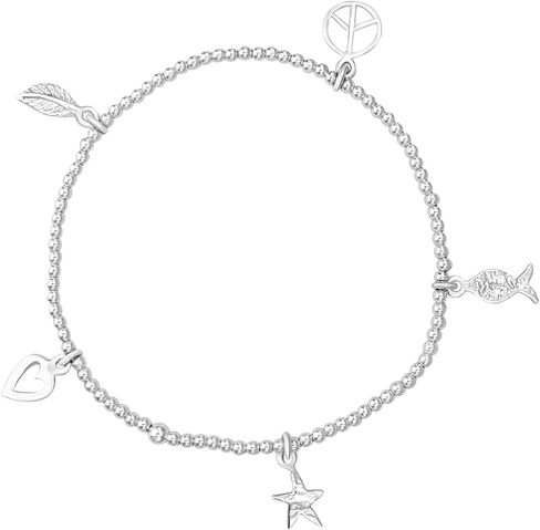 Silverly 925 Sterling Silver Beaded Stretch Bracelet With Fish, Peace, Star & Heart Charms - Stackable Elastic Charm Bracelets for Women - Summer Jewelry - Ball Bead Friendship Bracelets in Kuwait