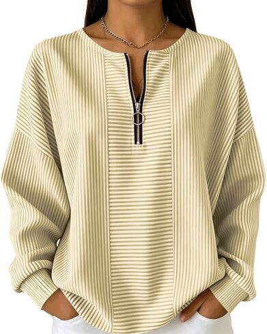 Women's Striped Half Zip Pullover Casual Long Sleeve Oversized Sweatshirt with Crew Neck and Drop Shoulder in Kuwait