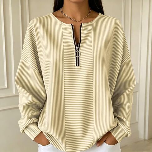 Women's Striped Half Zip Pullover Casual Long Sleeve Oversized Sweatshirt with Crew Neck and Drop Shoulder in Kuwait