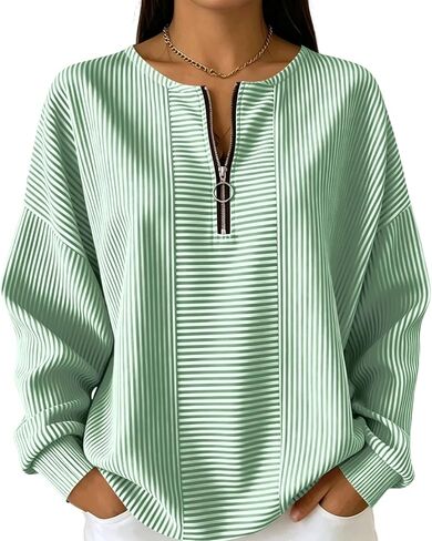 Women's Striped Half Zip Pullover Casual Long Sleeve Oversized Sweatshirt with Crew Neck and Drop Shoulder in Kuwait