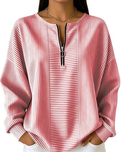 Women's Striped Half Zip Pullover Casual Long Sleeve Oversized Sweatshirt with Crew Neck and Drop Shoulder in Kuwait