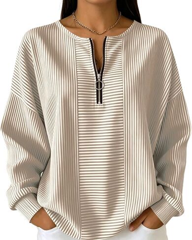 Women's Striped Half Zip Pullover Casual Long Sleeve Oversized Sweatshirt with Crew Neck and Drop Shoulder in Kuwait