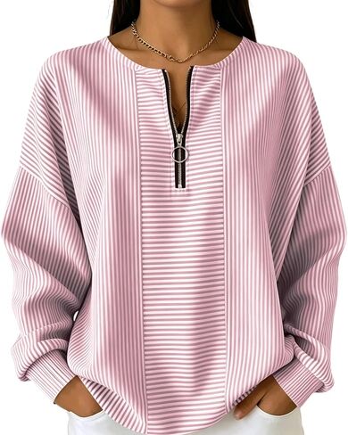 Women's Striped Half Zip Pullover Casual Long Sleeve Oversized Sweatshirt with Crew Neck and Drop Shoulder in Kuwait