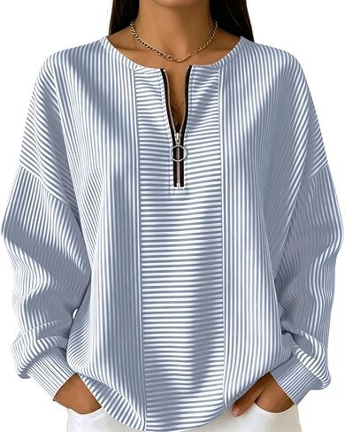 Women's Striped Half Zip Pullover Casual Long Sleeve Oversized Sweatshirt with Crew Neck and Drop Shoulder in Kuwait