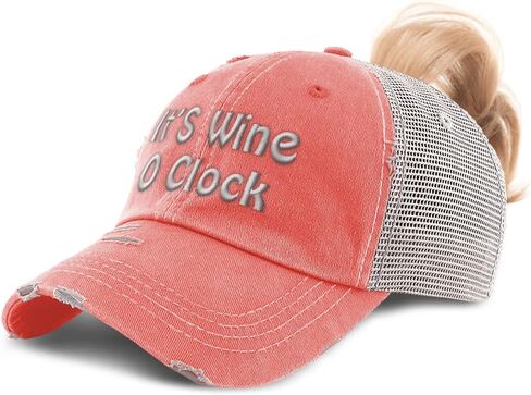 Womens Ponytail Cap It's Wine O Clock Wine Cotton Distressed Trucker Hats in Saudi Arabia
