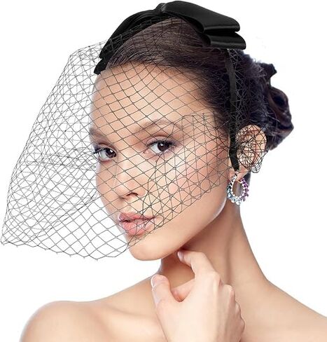 Birdcage Veil Black Mesh Bow Veils Funeral Hat Headband with Rhinestones, 1920s Fascinator Headpiece Bow Knot Birdcage Veil for Girls Women Tea Party, Church, Cocktail Party, Birthdays in Saudi Arabia