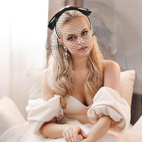 Birdcage Veil Black Mesh Bow Veils Funeral Hat Headband with Rhinestones, 1920s Fascinator Headpiece Bow Knot Birdcage Veil for Girls Women Tea Party, Church, Cocktail Party, Birthdays in Saudi Arabia