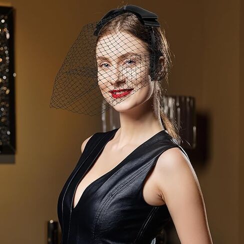 Birdcage Veil Black Mesh Bow Veils Funeral Hat Headband with Rhinestones, 1920s Fascinator Headpiece Bow Knot Birdcage Veil for Girls Women Tea Party, Church, Cocktail Party, Birthdays in Saudi Arabia