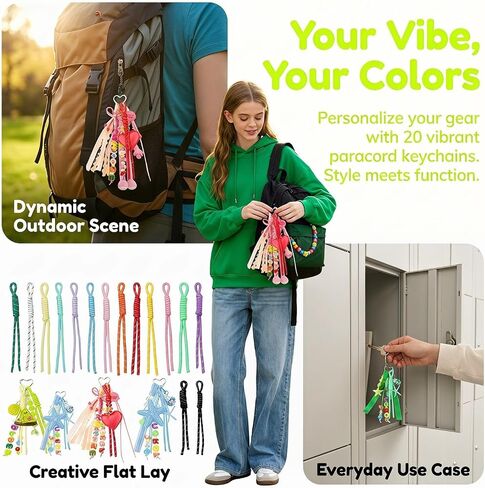 Colorful Paracord Keychains Handwoven Nylon Rope 20 Pack Colorful Paracord Keychains Nylon Rope Key Ring Set with Carabiner Braided Lanyard Bag Charm Letter Beads for Keys Backpack Handbag Pur in Kuwait