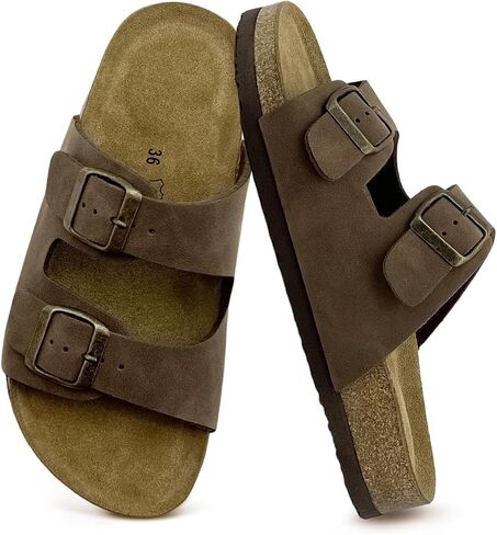 Girls Cork Footbed Sandals for Big Kid 4-7.5Y - Comfortable Double Buckle Slip - Lightweight Boys & Girls Sandals - Memory Foam Vacation Essentials Slides for Little Kids Footwear in Saudi Arabia