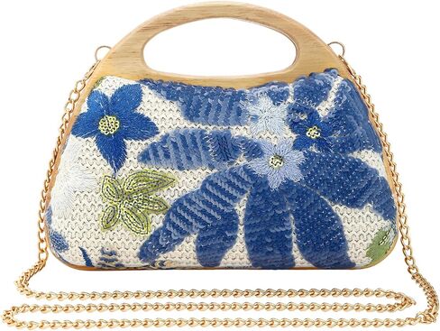 Women's Straw Purse Beaded Bag Wooden Top Handle Embroidery Sequin Handbag Summer Beach Evening Clutch Crossbody Bag in Saudi Arabia