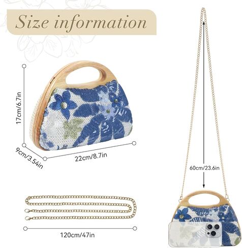Women's Straw Purse Beaded Bag Wooden Top Handle Embroidery Sequin Handbag Summer Beach Evening Clutch Crossbody Bag in Saudi Arabia