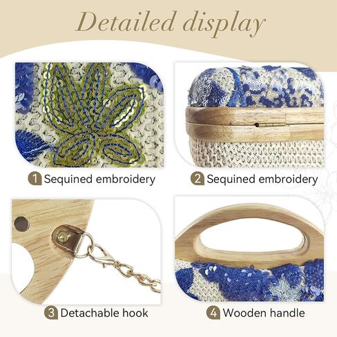 Women's Straw Purse Beaded Bag Wooden Top Handle Embroidery Sequin Handbag Summer Beach Evening Clutch Crossbody Bag in Saudi Arabia