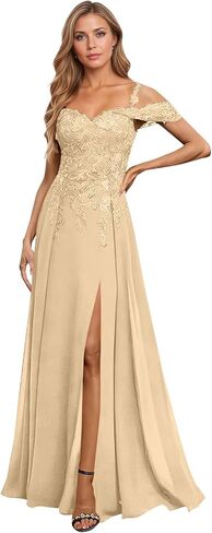 Lace Off Shoulder Mother of The Bride Dresses Long Chiffon Formal Evening Gowns with Slit in Kuwait