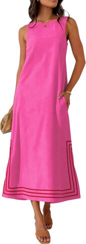 Lentta Womens Color Block Maxi Dress Summer Boho A Line Sleeveless Crewneck Beach Vacation Sundress Pockets Split Hem Coverup in Saudi Arabia