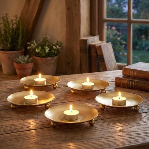 10 Pack Gold Decorative Iron Plate Candle Holders, 4.3" Premium Metal Candle Stand for LED or Wax Pillar Candles, Elegant Candles Plates for Table Centerpiece Decor, Weddings, Holidays (Gold) in Saudi Arabia