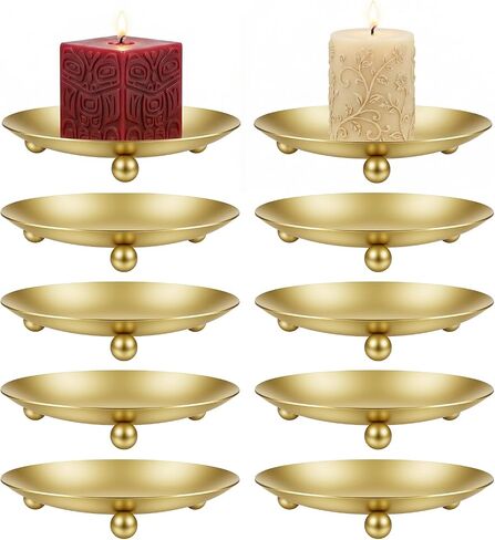 10 Pack Gold Decorative Iron Plate Candle Holders, 4.3" Premium Metal Candle Stand for LED or Wax Pillar Candles, Elegant Candles Plates for Table Centerpiece Decor, Weddings, Holidays (Gold) in Saudi Arabia