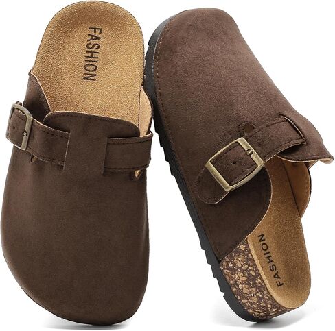 Kids Suede Clogs with Cork Footbed, Boys Girls Clogs Slides with Adjustable Buckle Comfort Memory Foam Insole Arch Support Mules Non-Slip Slippers Sandals for Toddlers in Kuwait