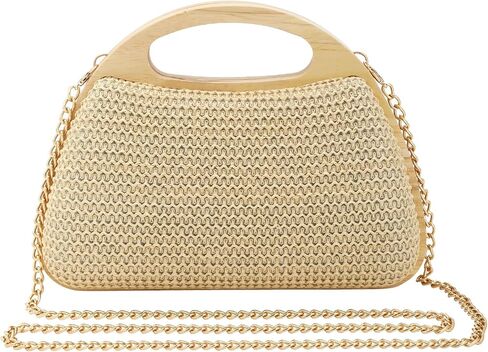 Women's Straw Purse Beaded Bag Wooden Top Handle Embroidery Sequin Handbag Summer Beach Evening Clutch Crossbody Bag in Saudi Arabia