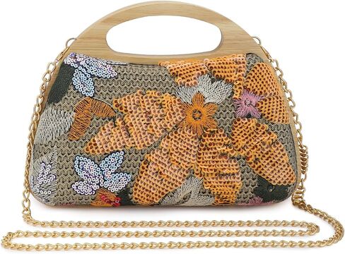 Women's Straw Purse Beaded Bag Wooden Top Handle Embroidery Sequin Handbag Summer Beach Evening Clutch Crossbody Bag in Saudi Arabia