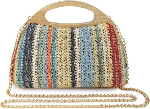 Women's Straw Purse Beaded Bag Wooden Top Handle Embroidery Sequin Handbag Summer Beach Evening Clutch Crossbody Bag in Saudi Arabia