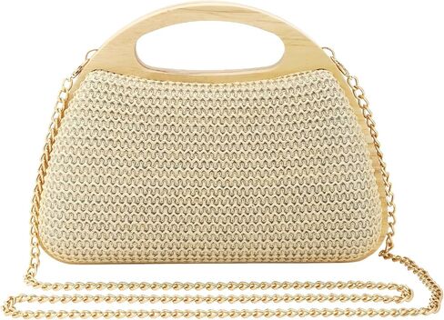 Women's Straw Purse Beaded Bag Wooden Top Handle Embroidery Sequin Handbag Summer Beach Evening Clutch Crossbody Bag in Saudi Arabia