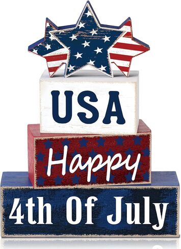 Huquary 4 Pcs 4th of July Table Decorations Patriotic Tiered Tray Decor Memorial Day Independence Day Decor Happy Wood 4th of July Block Sign for Indoor Home 250th Anniversary in Kuwait