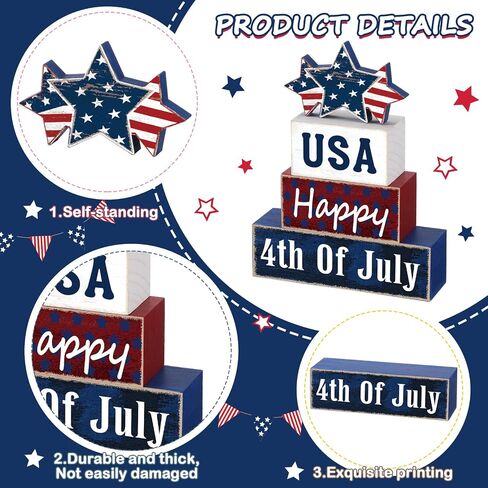 Huquary 4 Pcs 4th of July Table Decorations Patriotic Tiered Tray Decor Memorial Day Independence Day Decor Happy Wood 4th of July Block Sign for Indoor Home 250th Anniversary in Kuwait