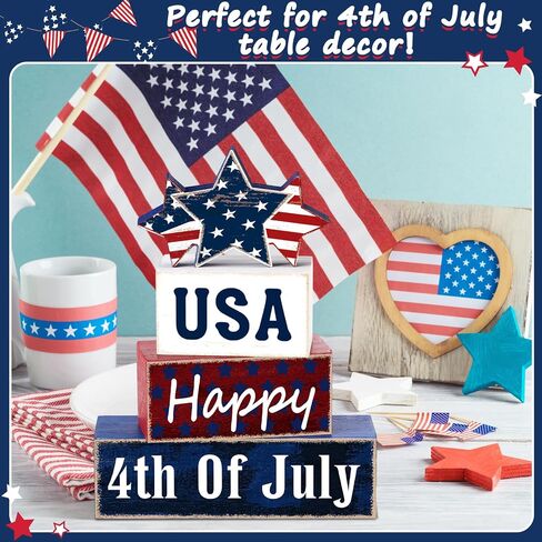 Huquary 4 Pcs 4th of July Table Decorations Patriotic Tiered Tray Decor Memorial Day Independence Day Decor Happy Wood 4th of July Block Sign for Indoor Home 250th Anniversary in Kuwait
