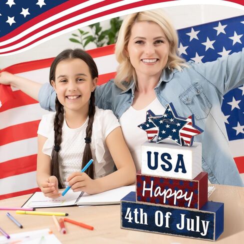 Huquary 4 Pcs 4th of July Table Decorations Patriotic Tiered Tray Decor Memorial Day Independence Day Decor Happy Wood 4th of July Block Sign for Indoor Home 250th Anniversary in Kuwait
