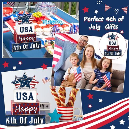 Huquary 4 Pcs 4th of July Table Decorations Patriotic Tiered Tray Decor Memorial Day Independence Day Decor Happy Wood 4th of July Block Sign for Indoor Home 250th Anniversary in Kuwait