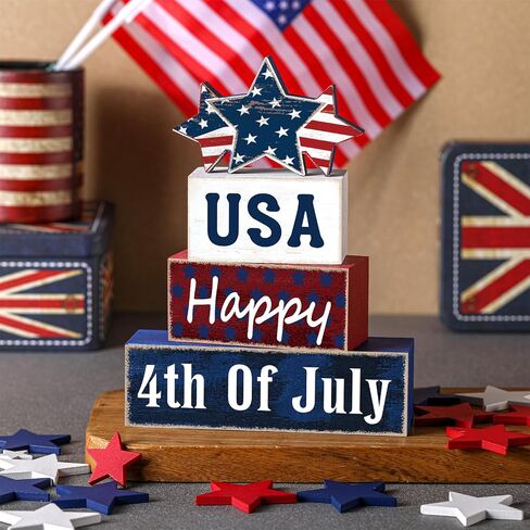 Huquary 4 Pcs 4th of July Table Decorations Patriotic Tiered Tray Decor Memorial Day Independence Day Decor Happy Wood 4th of July Block Sign for Indoor Home 250th Anniversary in Kuwait