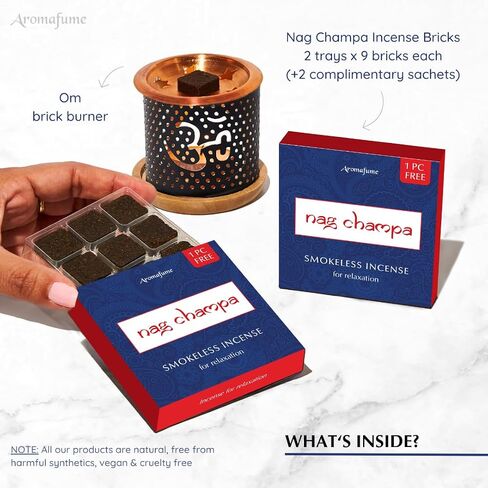 Nag Champa Incense Bricks (2 x 9 Bricks) & Om Incense Burner by Aromafume | Made with Sandalwood, Jasmine, Ylang Ylang & Champa Flower | Natural, Low Smoke, Non Toxic Incense Bricks in Kuwait