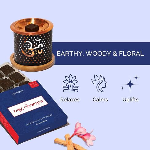 Nag Champa Incense Bricks (2 x 9 Bricks) & Om Incense Burner by Aromafume | Made with Sandalwood, Jasmine, Ylang Ylang & Champa Flower | Natural, Low Smoke, Non Toxic Incense Bricks in Kuwait