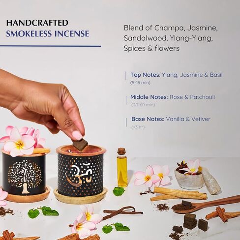 Nag Champa Incense Bricks (2 x 9 Bricks) & Om Incense Burner by Aromafume | Made with Sandalwood, Jasmine, Ylang Ylang & Champa Flower | Natural, Low Smoke, Non Toxic Incense Bricks in Kuwait