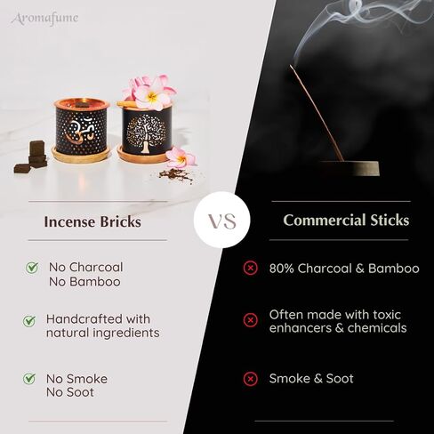 Nag Champa Incense Bricks (2 x 9 Bricks) & Om Incense Burner by Aromafume | Made with Sandalwood, Jasmine, Ylang Ylang & Champa Flower | Natural, Low Smoke, Non Toxic Incense Bricks in Kuwait