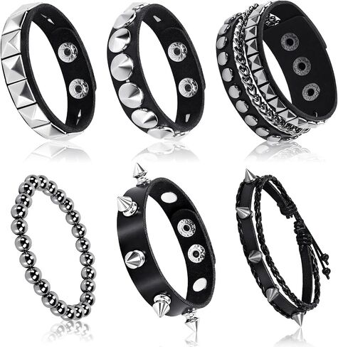 6 Pcs Punk Bracelets Set Gothic Spike Leather Wristband Rocker Accessories Studded Cuff For Concert Party Cosplay Gift 80s 90s Outfits in Kuwait