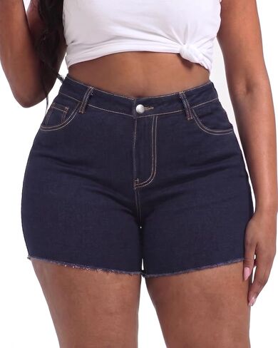Women Plus Size Jean Shorts Stretchy High Waisted Frayed Raw Hem Denim Shorts 5.5" Inseam in Kuwait