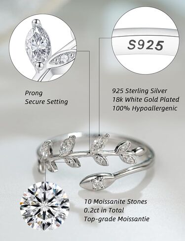 IMOLOVE Moissanite Wedding Bands for Women, 0.2 Carat Simple Moissanite Eternity Adjustable Rings for Women Trendy Elegant Stackable Leaf Rings with 18K White Gold Plated Size 5-10 in Kuwait