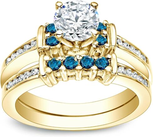 14k Gold Round-Cut Blue and White Diamond Bridal Set Ring (1 cttw, Blue, H-I, I1-I2) Size 4-9 in Kuwait